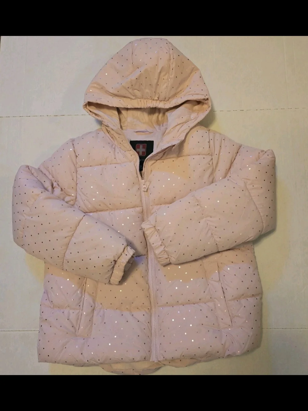 Swiss Tech Kids Hooded Puffer Jacket - Pale Pink with Sparkle